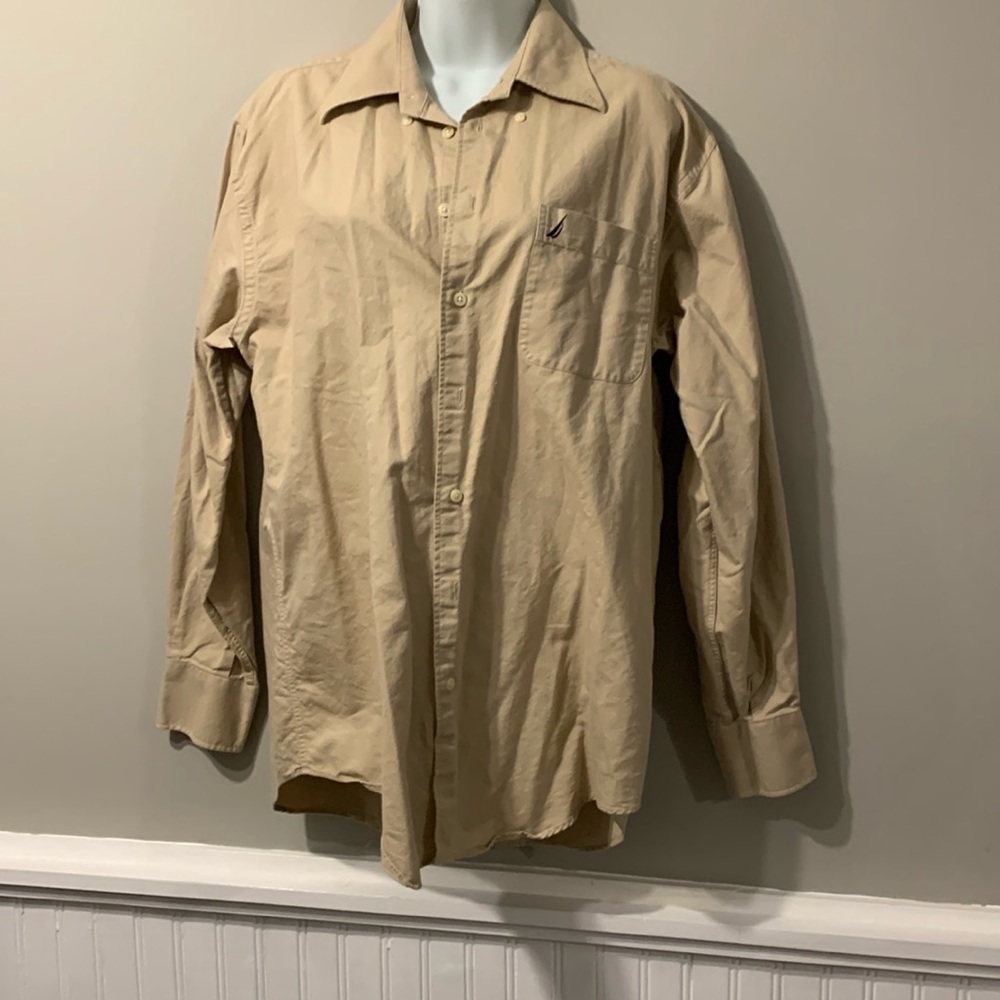 Nautica men’s button down long sleeve shirt, pure cotton light brown